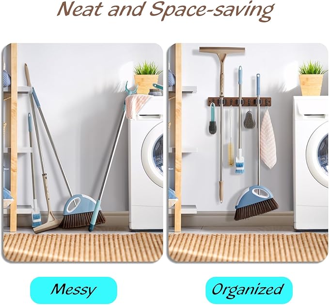 OUTNILI 2 Pack Mop Broom Holder Wall Mount with 3 Slots & 4 Hooks - Rustic Wood Broom Mop Hanger for Pantry Kitchen Organization - Garden Tool Organizer for Closet Laundry Room