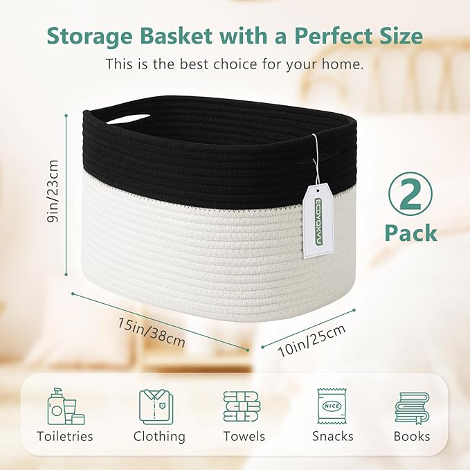 ECDYQXVU Cotton Rope Storage Basket, 15x10x9 Inches, Woven Basket for Shelves, Clothes, Towels, Books, and Laundry, Black/ White (2 Pack)