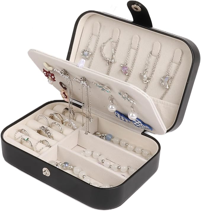 Travel Jewelry Case for Women Girls,PU Leather Small Travel Box Organizer, 6.3x4.3,Black,1Pack