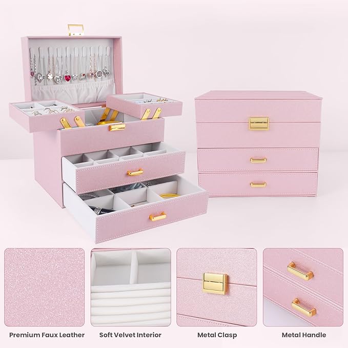 Dajasan Jewelry Organizer Box, Large Jewelry Boxes for Girls, Space-Saving 4 Layers Jewelry Storage Case with Drawer, Gift for Women, Movable Metal Stand, Modern (Pink+ Gold)