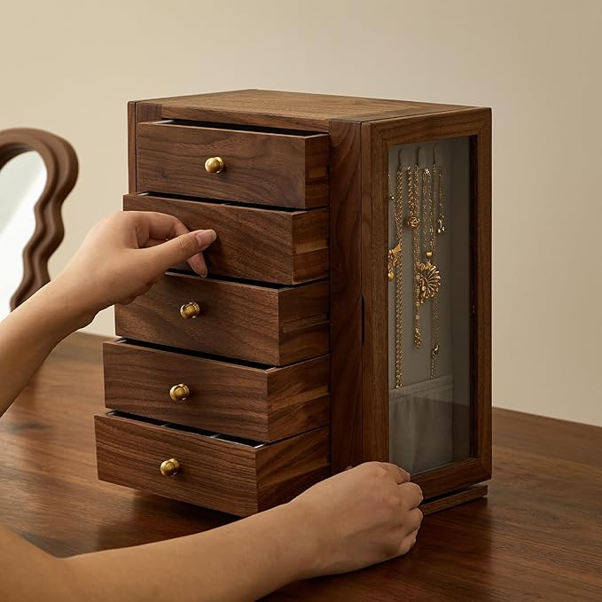 Wooden Jewelry Box for Women, 360 Rotating Design,Large Jewelry Organizer with Velvet Lining, 5 Drawers, Transparent Glass Doors, Black Walnut Wood Grain, Jewelry Storage Organizer