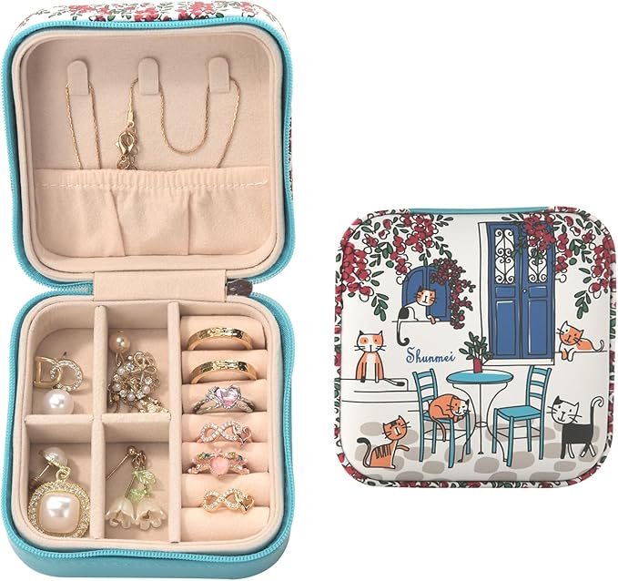 shunmei Mini Travel Jewelry Box,PU Leather Portable Jewelry Organizer Case,Art Accessories Storage Holder Boxes for Earring, Necklace, Rings, Bracelets (Six Cats)