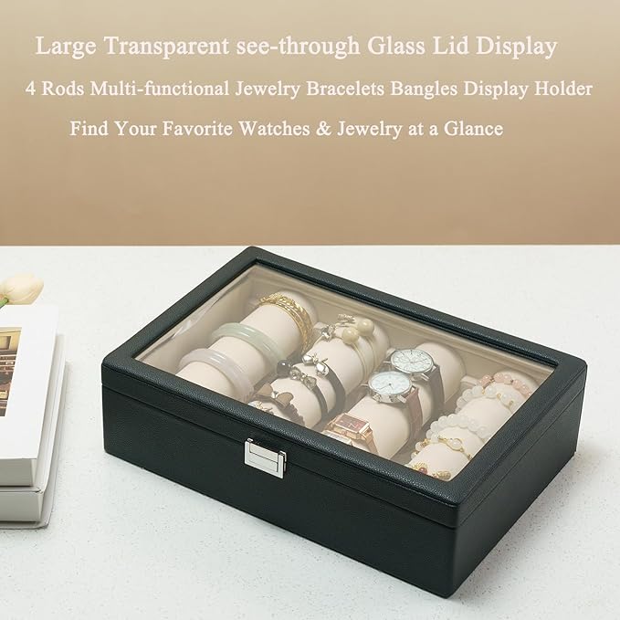 Bracelets Organizer Rods Bangles Display Holder, Clear See through Lid Leather Velvet Jewelry Storage Box Case for Women, 4 Rods Black Leather