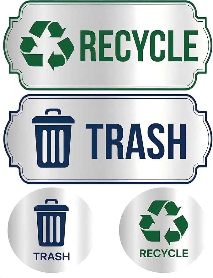 Recycle Stickers for Trash Bins 4Pcs, Waterproof Self-Adhesive Trash and Recycle Stickers for Home, Office, Hotel, Apartment, School, Recycling Signs for Indoor/Outdoor Garbage Can