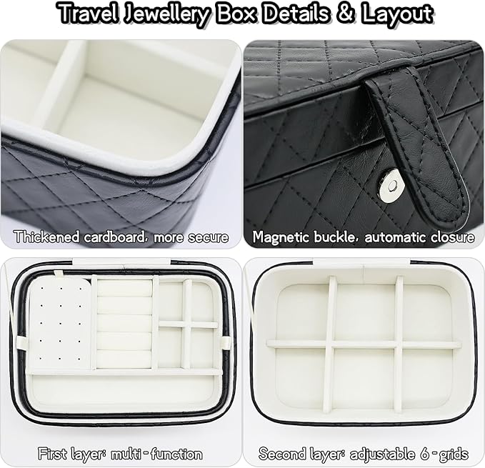 Jewelry Travel Case, 2-Layer Jewelry Box Organizer Medium Jewelry Travel Box, Portable Faux Leather Jewellery Storage Boxes with Argyle for Women, Daily Jewellery Case Home Use (Pure black)