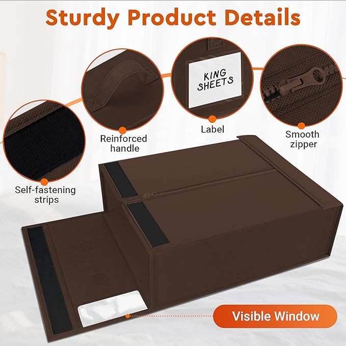 StorageTastic 2 Pack Bed Sheet Closet Organizers and Storage,Sturdy Foldable Storage Containers with Window and Label,Storage and Organization for Bedding Sheets,Duvet Covers,Blankets (Brown)