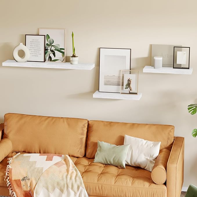 Fixwal White Shelves for Wall, 15.8in Rustic Wood Finish Floating Wall Shelves Set of 4, Shelves for Wall Decor, with Invisible Brackets for Bathroom, Living Room,Bedroom and Kitchen