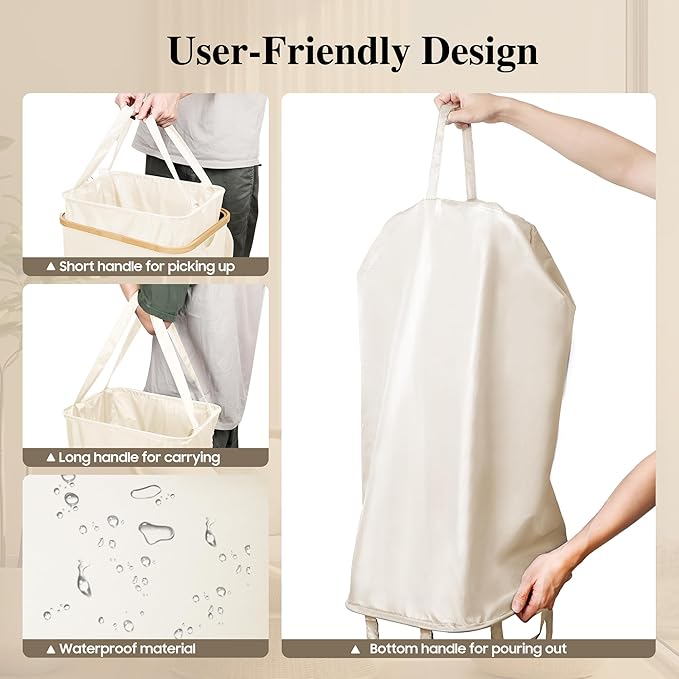 Foluck Large Laundry Hamper, 100L Waterproof Laundry Basket with Lid and Removable Bag, Collapsible Tall Clothes Hamper with Bamboo Handles for Clothes Toys in Dorm Bedroom Bathroom, Beige