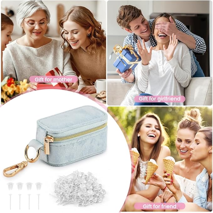 Velvet Mini Travel Jewelry Case, 2 in 1 Ring Holder Keychain + 50 Plastic Earrings, Portable Small Jewelry Organizer for Women, Travel/Gym/Wedding/Bridesmaid Gift
