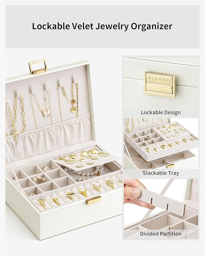 VLANDO Jewelry Box for Women, Gift for Women Girls,2 Layer Jewelry Box,Large Jewelry Organizer for Women Removable Jewelery Tray for Necklace Earrings Rings(Cream White)