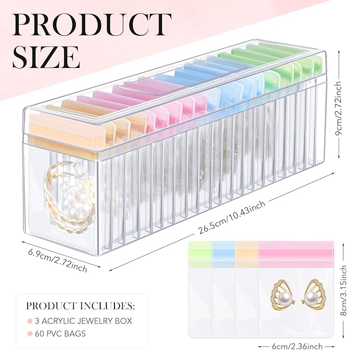 Kenning 63 Pcs Acrylic Jewelry Case Organizer, Clear Jewelry Organizers Holder with Portable Anti Tarnish Storage Bags for Rings, Earrings, Necklaces, Ideal Gifts for Women (Four Color Mixture)