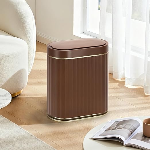 ELPHECO Bathroom Motion Sensor Trash can, 2 Gallon Automatic Garbage Can, Slim Plastic Smart Trash Can with Lid, Commercial Intelligent Trash Bin for Bedroom, Bathroom, Office, Brown Gold