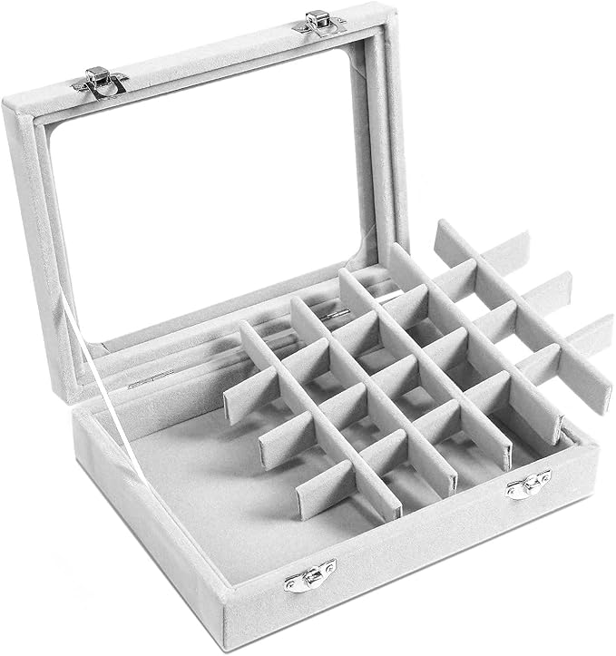 Jewelry Box 24 Grid Velvet Jewelry Tray for Drawers Glass Clear Lid Showcase Display Storage Ring Trays Holder Earrings Organizer Case(Grey)