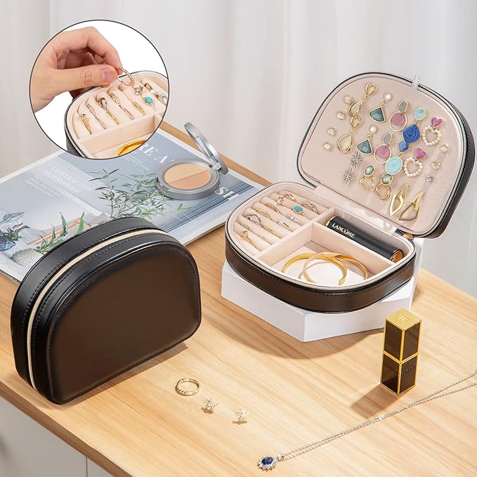 ProCase Travel Size Jewelry Box, Medium Portable Seashell-Shaped Jewelry Case, 2 Layer Jewelry Organizer in PU Leather for Women -Black