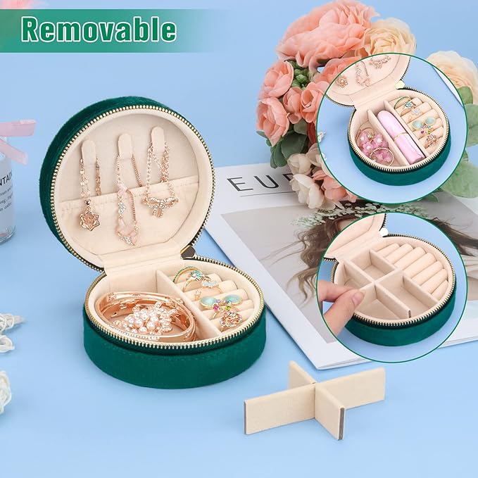 DesignSter Travel Jewelry Box - Velvet Mini Jewelry Organizer, Small Jewelry Case for Girls Women, Jewelry Storage Box for Rings Earrings Necklace (Circular, Emerald Green)