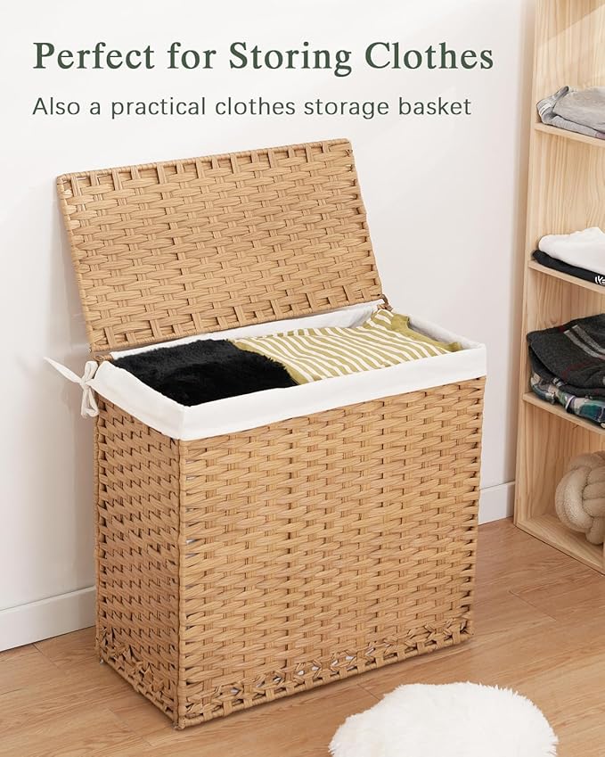 SETVSON Laundry Hamper with Lid Laundry Basket 132 L (35 Gal) Wicker Clothes Hamper, Handwoven Rattan Hamper with Handles and 4 Removable Liner Bags, 6 Mesh Bags for Laundry Bedroom Natural