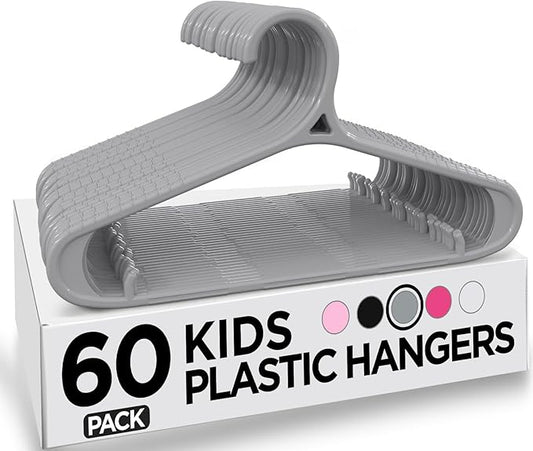 Utopia Home Kids Hangers 60 Pack - 11 Inch Plastic Baby Hangers for Closet - Childrens Hanger for Clothes & Infant Hanger for Closet - Non-Slip Shoulder Grooves, Strap Hooks & Pants Bar (Grey)