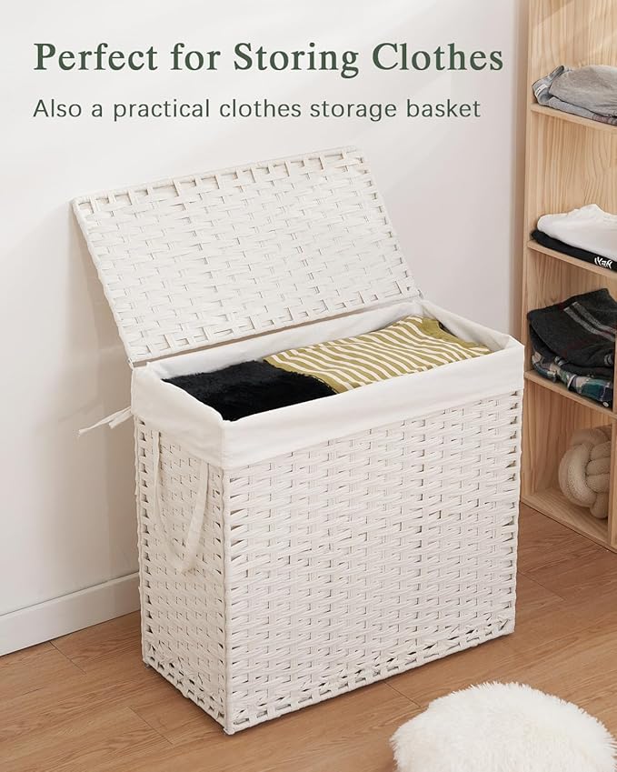 SETVSON Laundry Hamper with Lid Laundry Basket 132 L (35 Gal) Wicker Clothes Hamper, Handwoven Rattan Hamper with Handles and 4 Removable Liner Bags, 6 Mesh Bags for Laundry Bedroom White