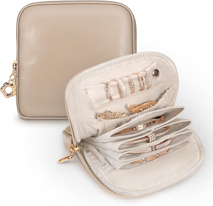 SITHON Small Travel Jewelry Case with Ring Holder, Mini Velvet Jewelry Pouch Bags, Compact Storage Organizer for Bracelet Necklaces Earrings Travel Essentials, Mother’s Day Gifts (Toffee)