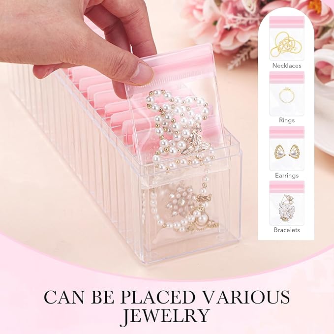 Kenning 42 Pcs Acrylic Jewelry Case Organizer, Clear Jewelry Organizers Holder with Portable Anti Tarnish Storage Bags for Rings, Earrings, Necklaces, Ideal Gifts for Women (Pink)
