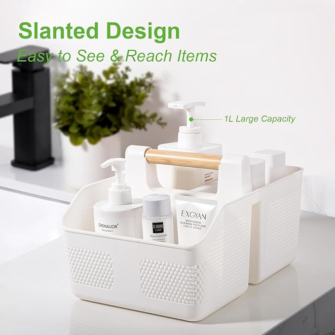 rejomiik Shower Caddy Portable with Bamboo Handle, Plastic Basket Cleaning Caddy Organizer Storage Tote for Bathroom, College, Dorm Room Essentials, White