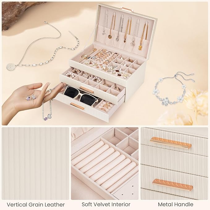 Dajasan Jewelry Box Organizer, 3-Tier Jewelry Storage Organizer with 2 Drawers, Large Jewelry Boxes for Women, PU Leather Surface with Texture, Gift Idea, Modern Style (Beige)