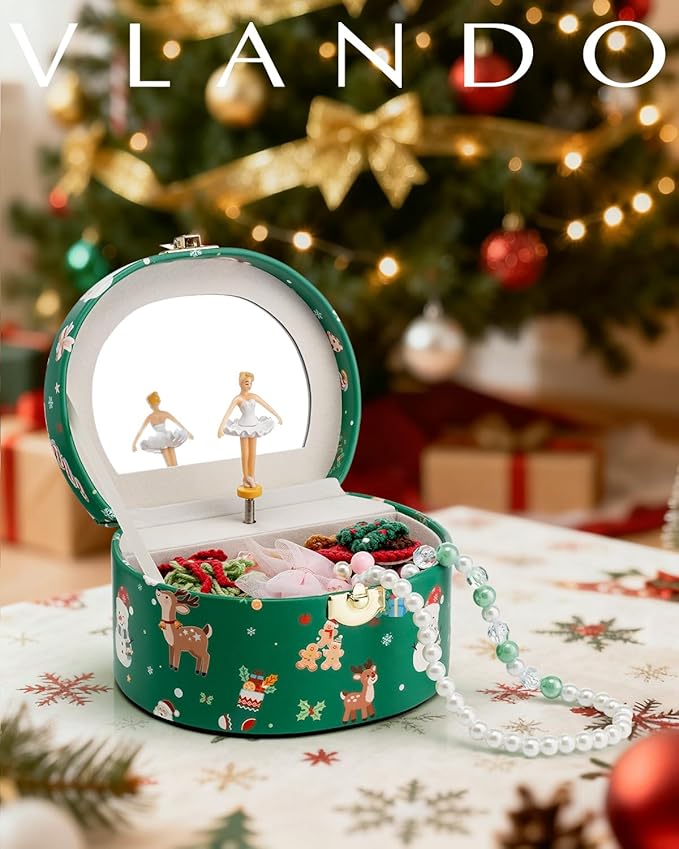 VLANDO Gifts for Girl, Musical Jewelry Box for Girls, Small Kid Music Box with Ballerina for Party Bedroom Decor, Gifts for Girls Kids - Christmas Green