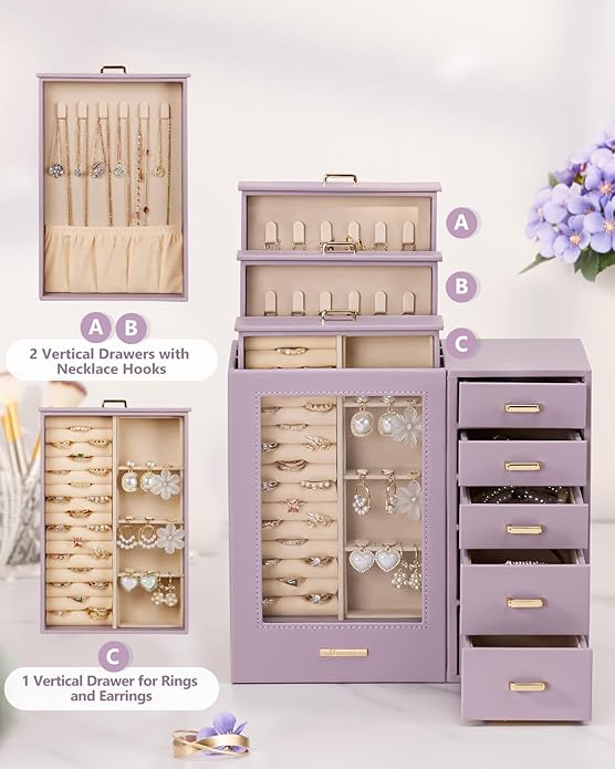 Homde Large Jewelry Box/Organizer/Case with Glass Window, Drawers for Necklaces Earrings Rings Bracelets Watches Gift for Women Girls