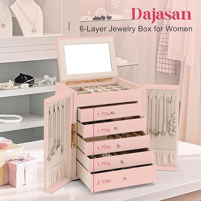 Dajasan Jewelry Box for Girls Women, 6-Tier Large Jewelry Organizer Box, Jewelry Storage Organizer, Jewelry Gift Box for Christmas, Valentine's Day, Birthday, Mother's Day (Pink)