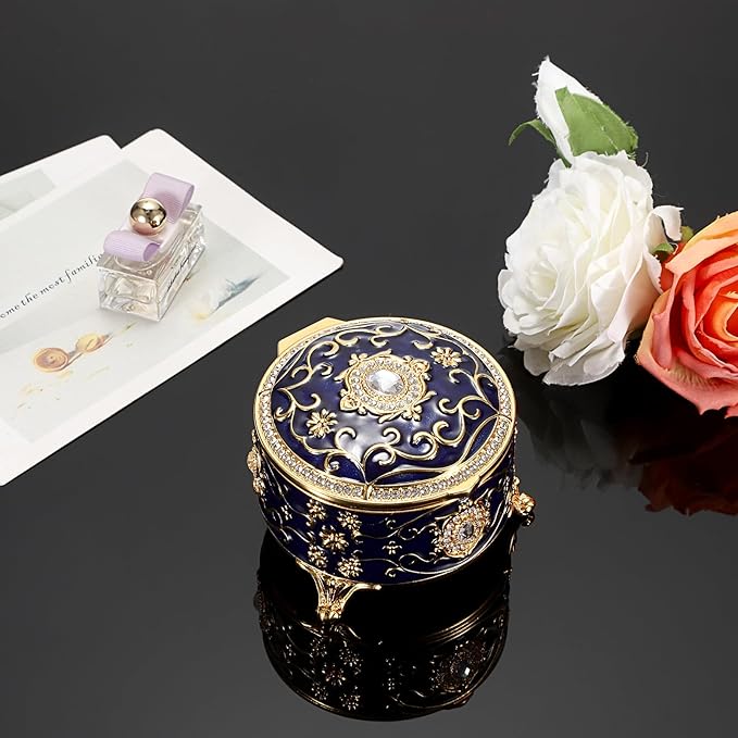 Hipiwe Vintage Jewelry Box Round Metal Treasure Chest Box Enameled Jewelry Trinket Box for Ring Earrings Necklace,Sparkling Keepsake Box Gift for Birthday Christmas,Blue
