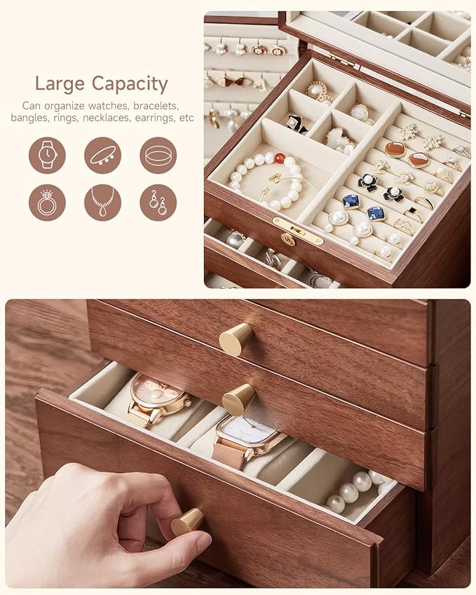 Black Walnut Wooden Jewelry Box Wood Jewelry Organizer with 2 Side Doors Mirror Lockable Classical Style for Watch Necklace Ring Earring Storage Mothers Day Gifts for Mom-5 Layer