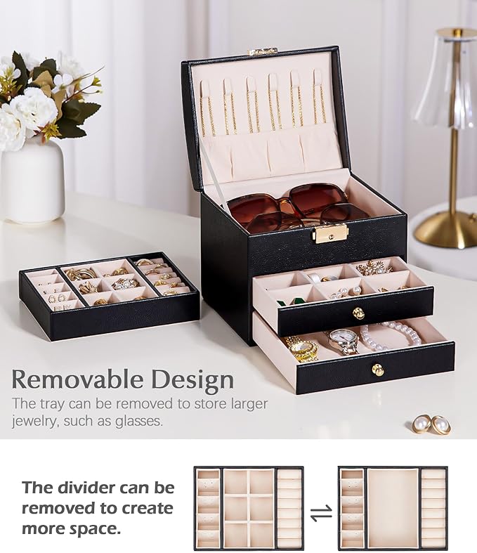 Homde Mothers Day Gifts Small Girls Jewelry Box with Lock: 3 Layer Organizer with Removable Tray - Storage for Ring Necklace Earring - Birthday & Return Gifts for Young Women (Graphite Black)