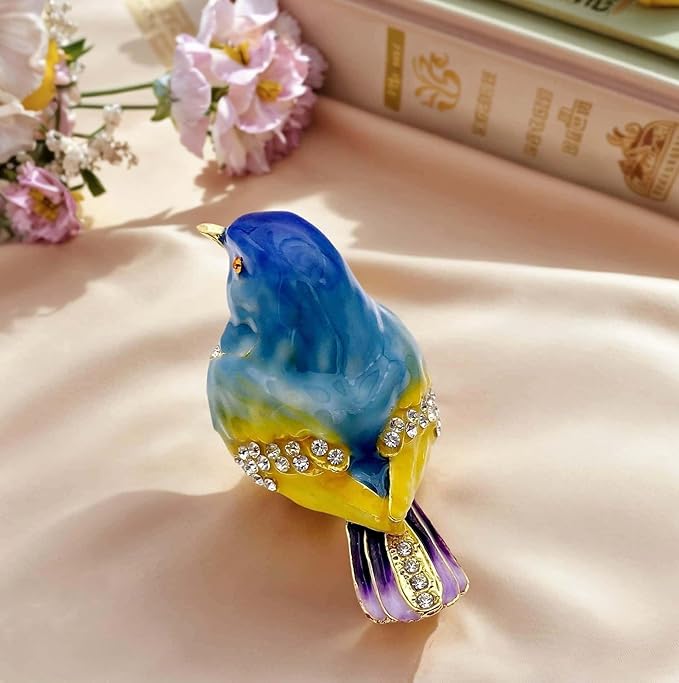JWT Astyle Blue Mountain Bird Hinged Trinket Box with Crystal Stones .Animal Jewelry Box.Necklace Rings Earrings Storage.Bird Figurines Home Decor,Collectible Trinket Boxes Gift ., Blue Yellow