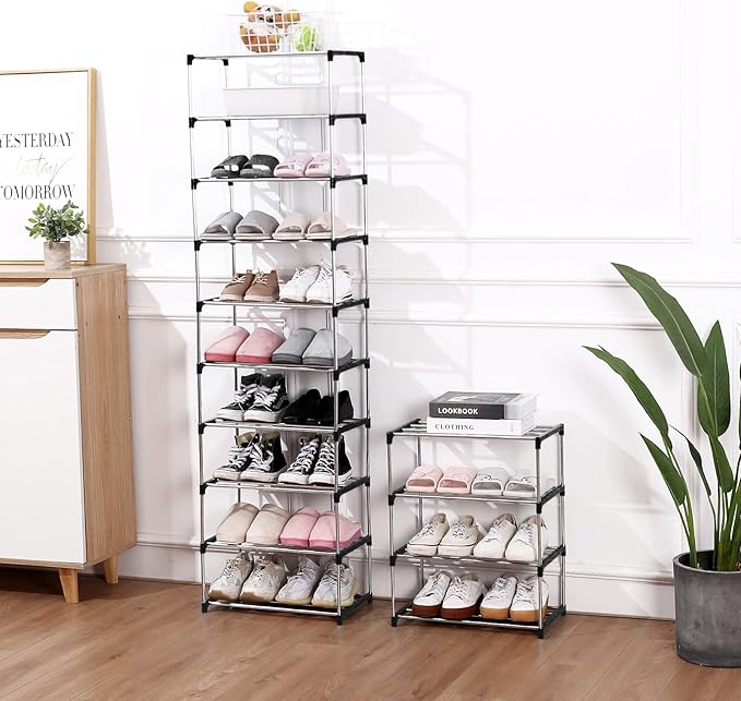 Jucaifu Stackable Small Shoe Rack, Entryway, Hallway and Closet Space Saving Storage and Organization (3-Tier, Black)