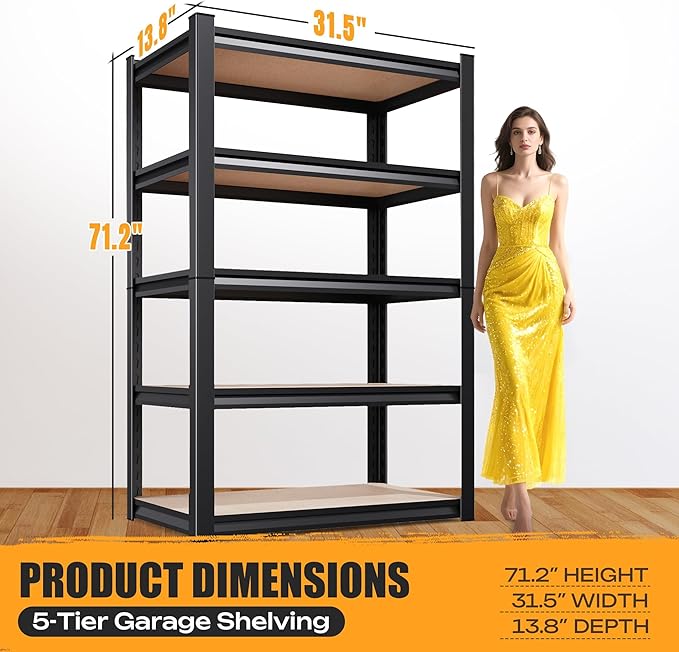 5-Tier Garage Shelving Heavy Duty Storage Shelves, Adjustable Shelving Unit, Utility Garage Organizer Shelf for Basement, Pantry, Kitchen, Warehouse,Supermarket, 31.5" Wx13.8 Dx71.2 H,Black