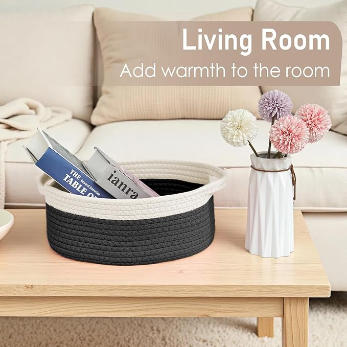 JMvicyroam Woven Basket, Small Rope Storage Bin with Handles & Ribbon Bag, Organizer for Shelves Closets,Gift Basket Empty for Birthday,Books,Dog Toys,White&Black/2 Pack