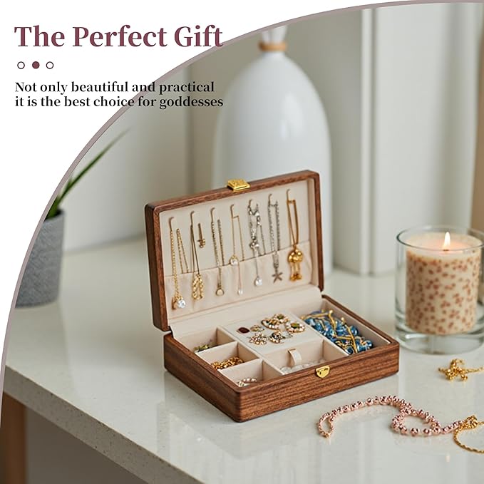 Travel Jewelry Case Small Wood Jewelry Organizer Jewelry Box for Women (Single Nut-Brown A)