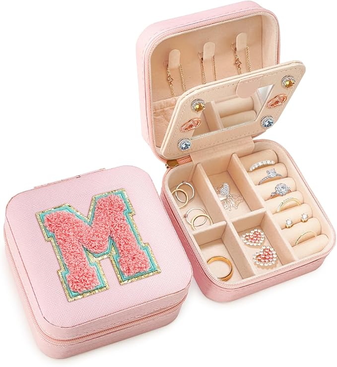 SANDJEST Personalized Jewelry Box, Pink Travel Jewelry Box with Initial M, Small Monogrammed Jewelry Case Organizer for Girls Women Teen Kids, Mini Travel Essentials Gifts for Birthday Christmas