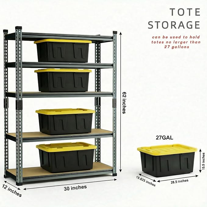 Garage Shelving Heavy Duty, 2450LBS Metal Storage Shelves 5 Tier, Adjustable Shelving Unit 30" W x 12" D x 62" H, Boltless Garage Storage Rack for Grage Basement, Pantry, Warehouse 1Pcs