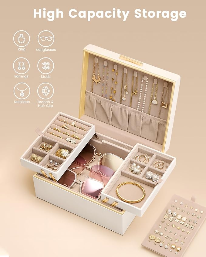 Lolalet Jewelry Box Organizer for Women Girls, 2 Layer Jewelry Organizers and Storage for Necklace Earrings Rings Bracelets, Large Jewellery Holder Case Birthday Mothers Day Gifts -Cream