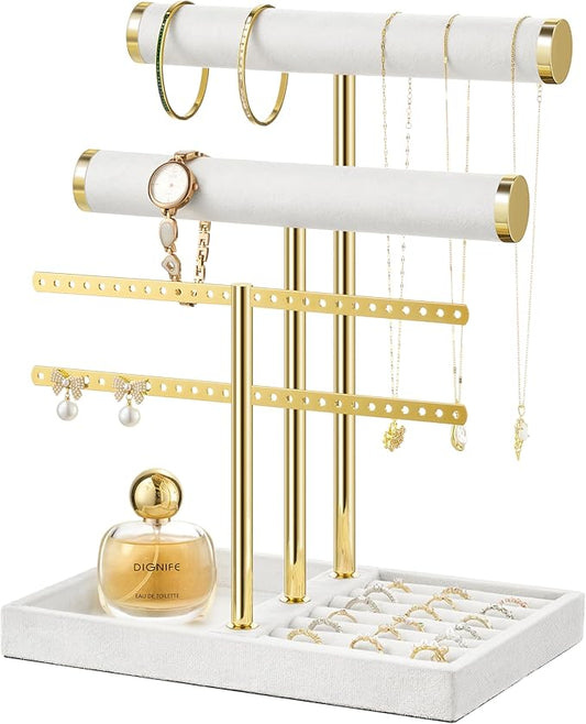 bussdis 3 Tier Bracelet Holder Display - Detachable T Bar White Velvet Bracelet Holder, Jewelry Holder Organizer for Bracelet, Necklace, Earrings, Rings