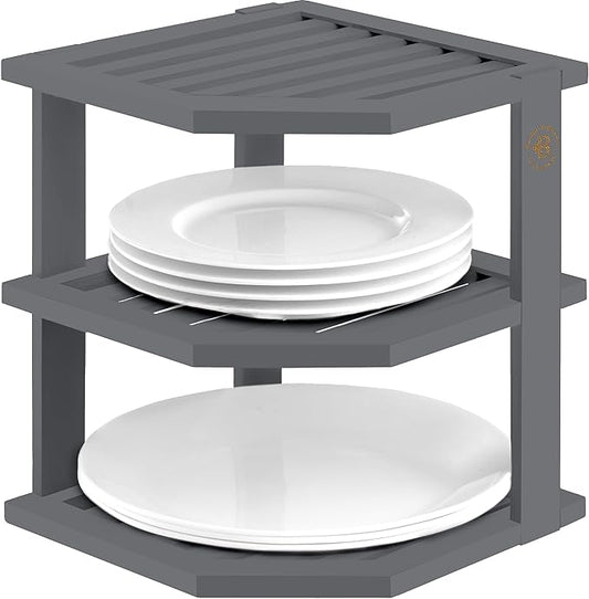 Bambüsi Plate Organizer for Cabinet - Corner Cabinet Organizer and Kitchen Cabinet Organizer Shelf, Kitchen Countertop Organizer for Plates, Dishes and Bowls, Space Saving Corner Rack, Grey