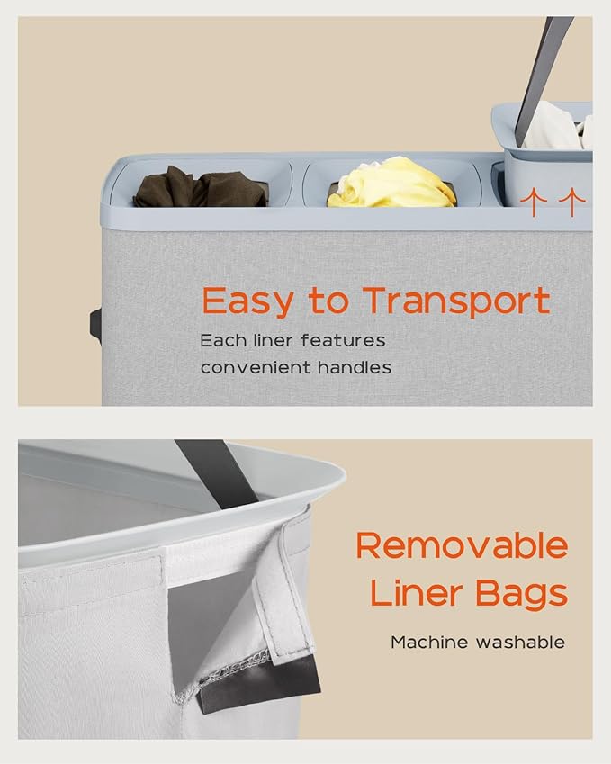 CASAMAYA Laundry Basket with Lid, Laundry Hamper 3 Section, 190L collapsible Laundry Organizer, Easy Assembly, with Handles and Removable Liners, 25.2 x 15.7 x 29.5 Inches, Gray JSP904G