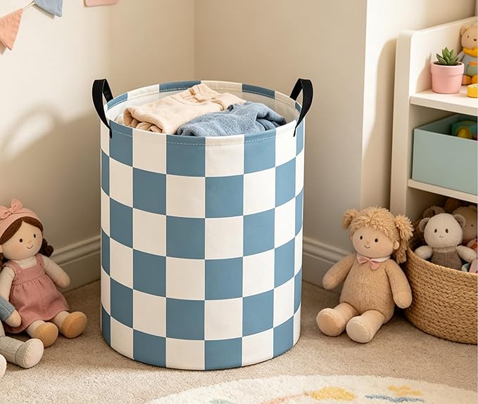 Baby Laundry Basket Baby Nursery Hamper Kids Laundry Basket Toy Storage Bin for Boys Room Decor Gift Baskets for Bedroom Bathroom(Blue Checkered)