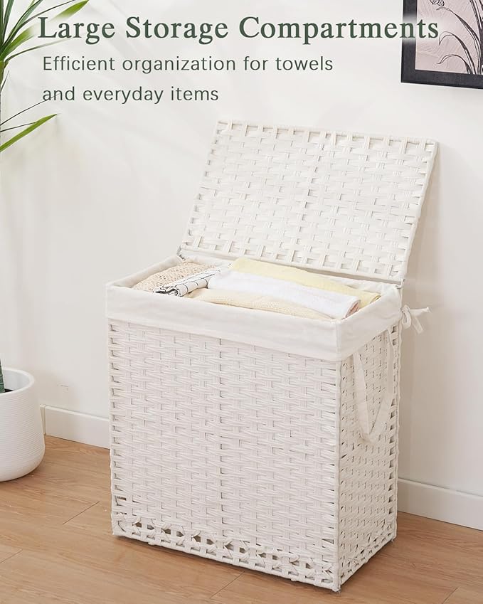 SETVSON Laundry Hamper with Lid Wicker Laundry Basket 112 L (29.6 Gal) Laundry Hampers Handwoven Rattan Clothes Hamper with Handles 3 Removable Liner Bag, 6 Mesh Bags for Bathroom Bedroom White