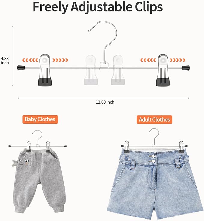 IEOKE Pants Hangers with Clips: 12Pack Skirt Hangers for Women Metal Adjustable Trouser Hangers for Jeans Shorts Dress - Black