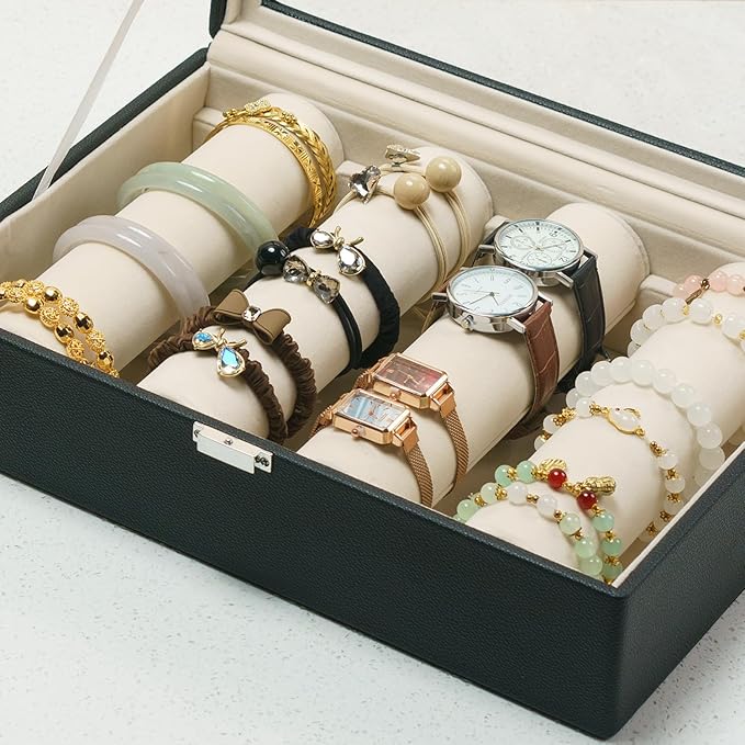 Bracelets Organizer Rods Bangles Display Holder, Clear See through Lid Leather Velvet Jewelry Storage Box Case for Women, 4 Rods Black Leather