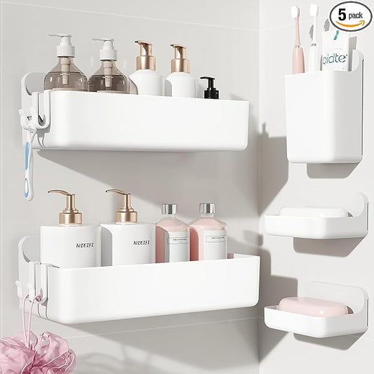 Nieifi Adhesive Wall Shelf, Shower Shelves 5 Pack with Soap Holder, Shower Organizer for Bathroom Organization, White