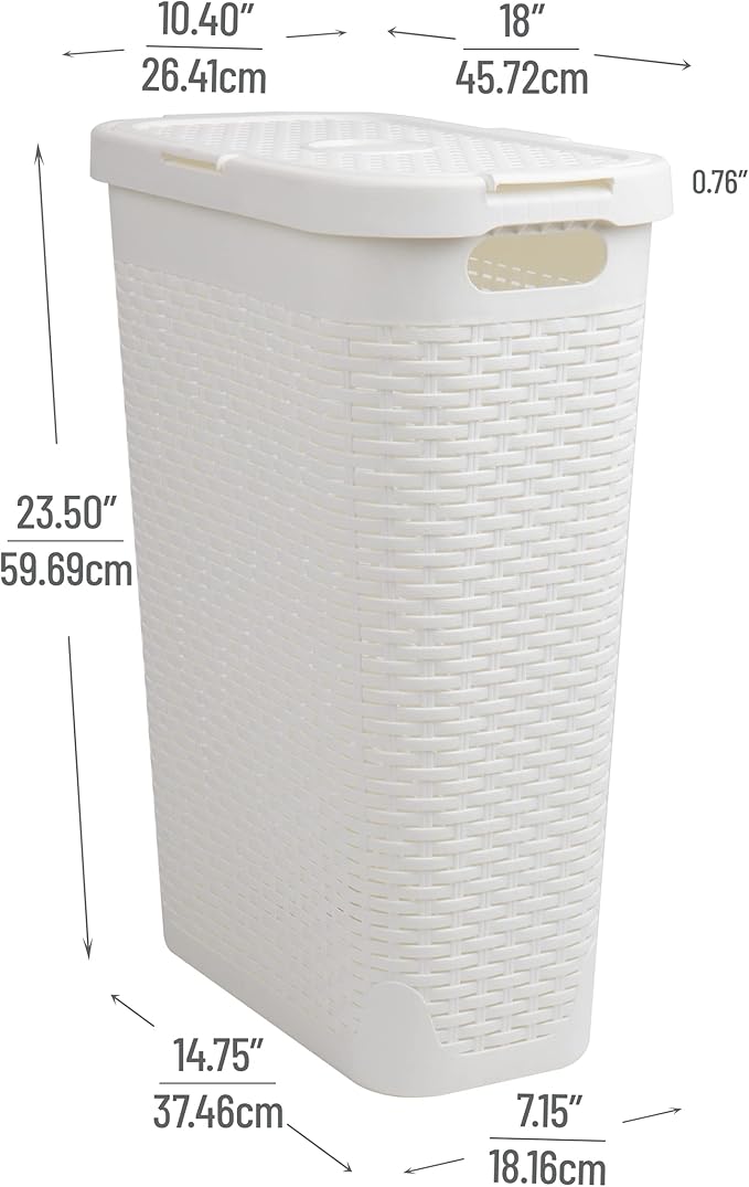 Mind Reader Slim Laundry Hamper with Lid, 40L Clothes Basket, Narrow Tapered Design with Ventilated Cutout Pattern, Plastic, Set of 2, White
