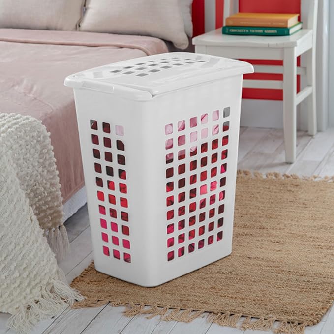 Sterilite Rectangular LiftTop Laundry Hamper with Lid, Handles to Easily Carry Clothes Between the Laundry Room and Bedroom, Plastic, White, 16-Pack